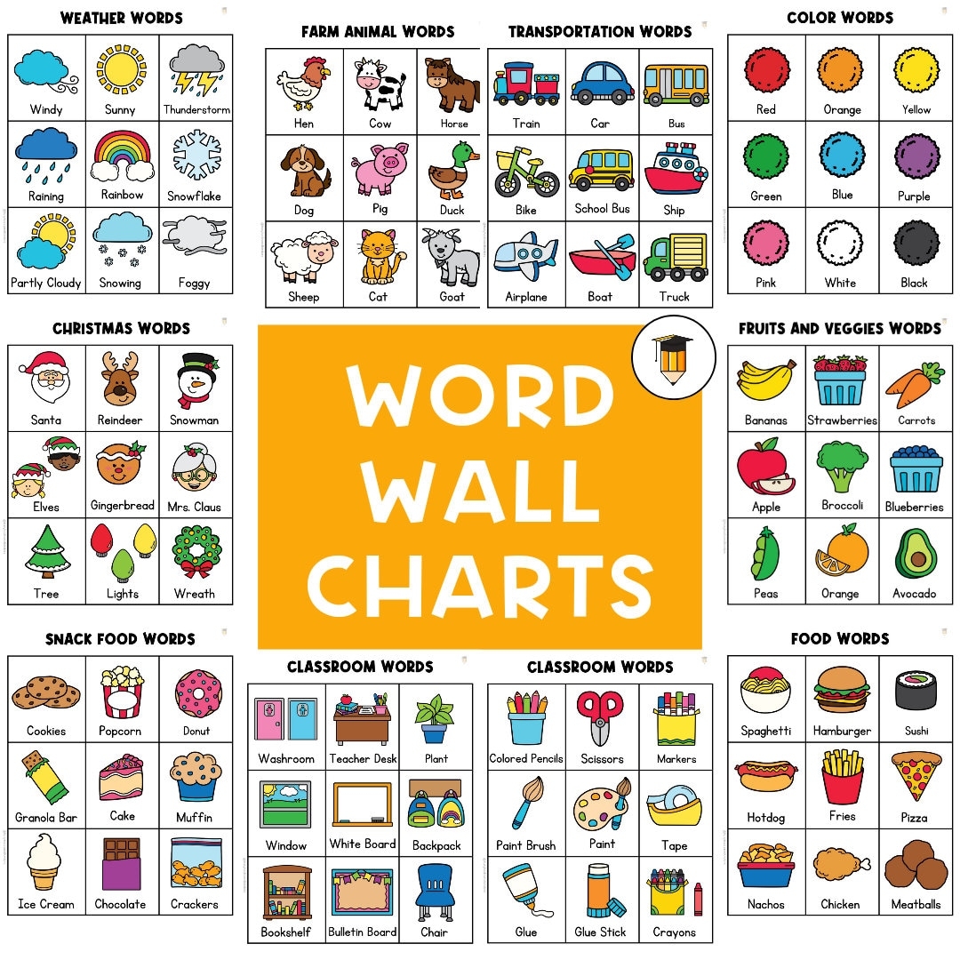 12 WORD WALL CHARTS Kindergarten Preschool Classroom Decor Word Wall Poster Literacy Centers Writing Chart Letters Preschool