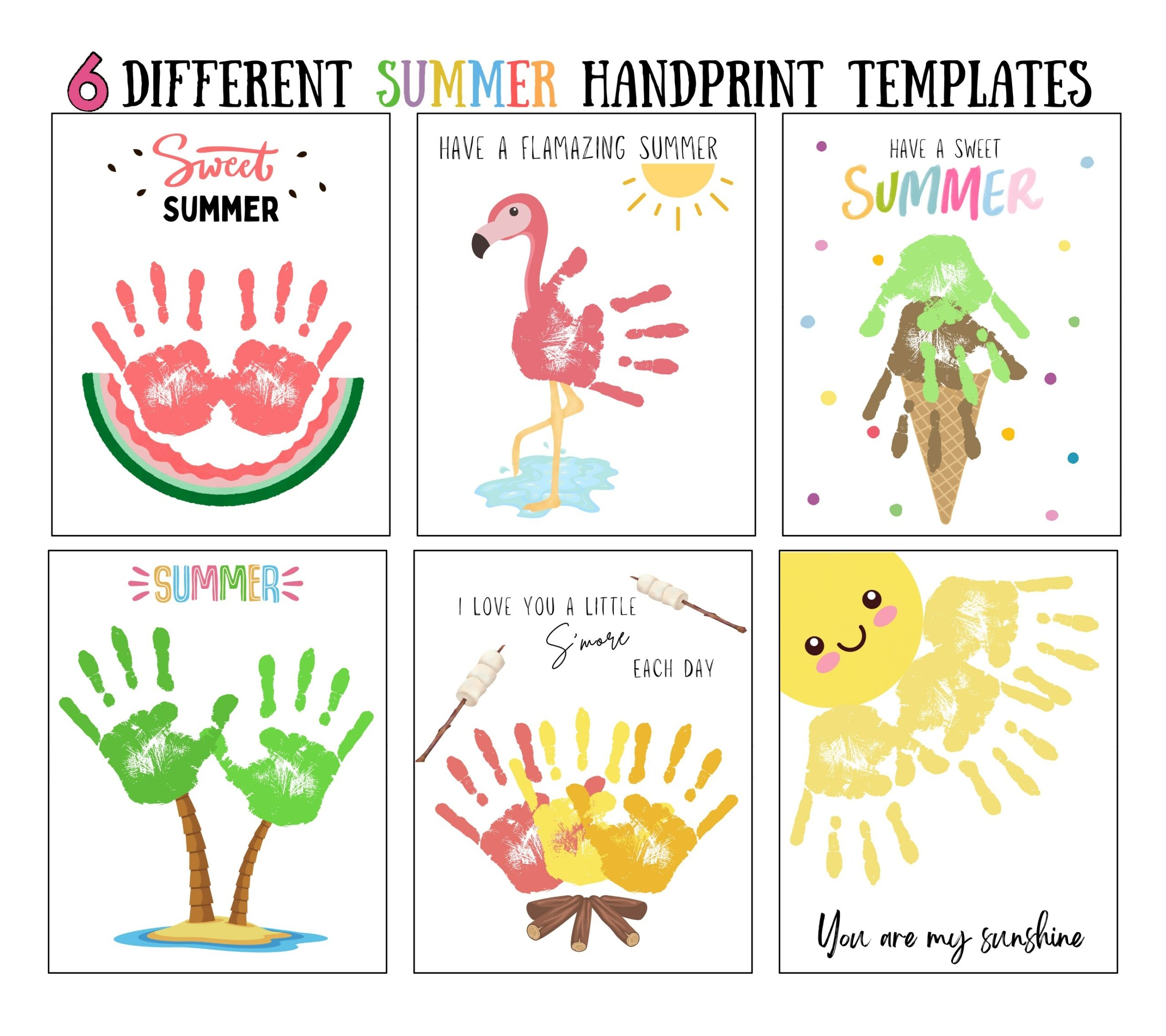 6 Summer Handprint Craft Art Printable Template Bundle Summer Craft Activities For Kids Classful