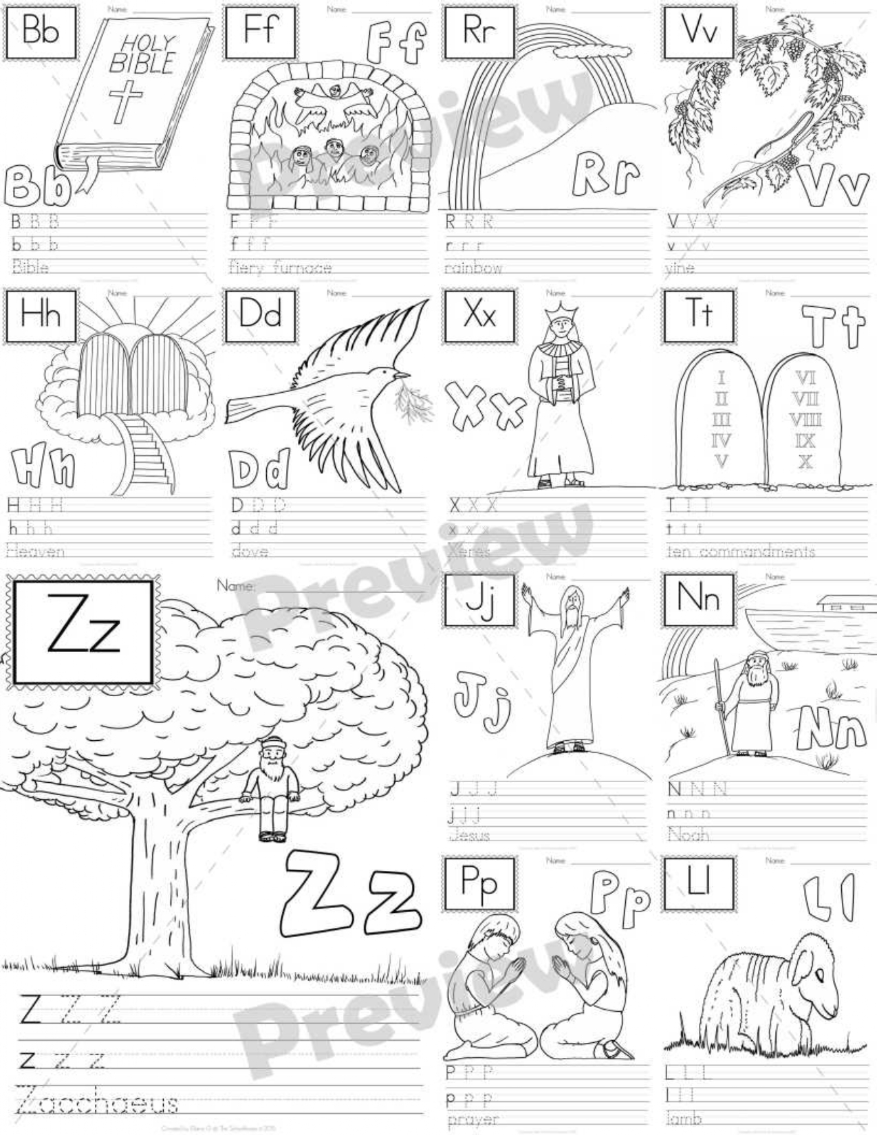 Bible Alphabet To Color And Write Pages