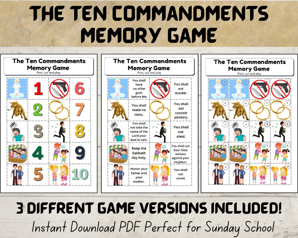 Bible Memory Match Game The Ten Commandments Bible Craft For Kids Sunday School Activity Christian Resource Homeschool Printable Etsy