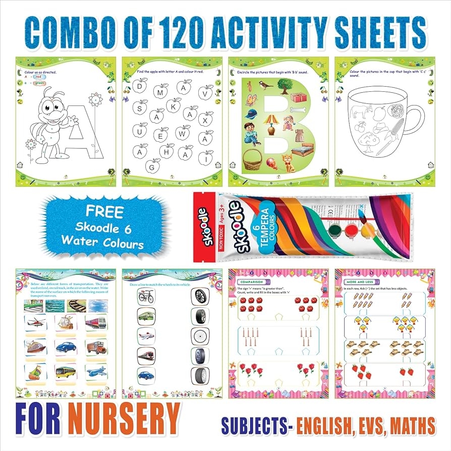 Buy Nursery Activity Sheets 120 Pages In Maths English And EVS Enhance Learning U0026 Creativity Complimentary 6 Tempera Water Colors Busy Book For Kids Preschool Activities Good Quality Reusable Water Proof U0026 Buy Nursery Activity Sheets 120 Pages In Maths English And EVS Enhance Learning U0026 Creativity Complimentary 6 Tempera Water Colors Busy Book For Kids Preschool Activities Good Quality Reusable Water Proof U0026