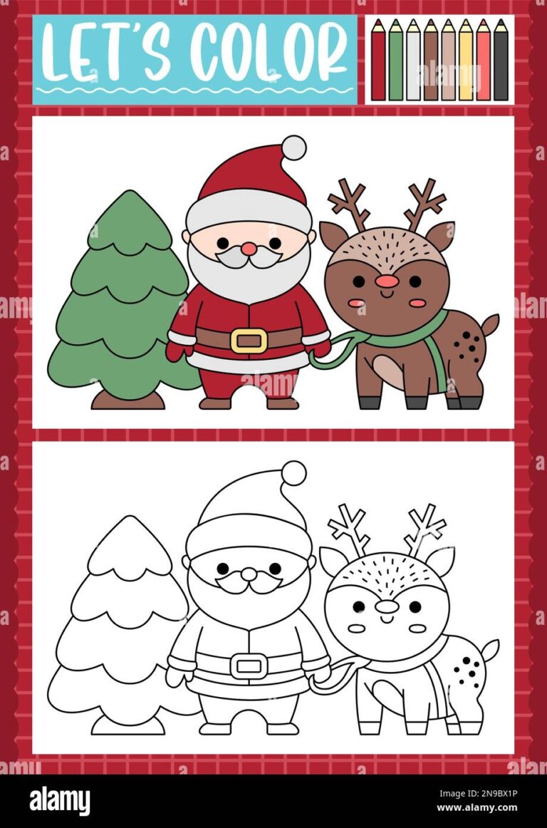 Christmas Coloring Page For Children With Cute Kawaii Tree Santa Claus Deer Vector Winter Holiday Outline Illustration Color Book For Kids With Ex Stock Vector Image U0026 Art Alamy