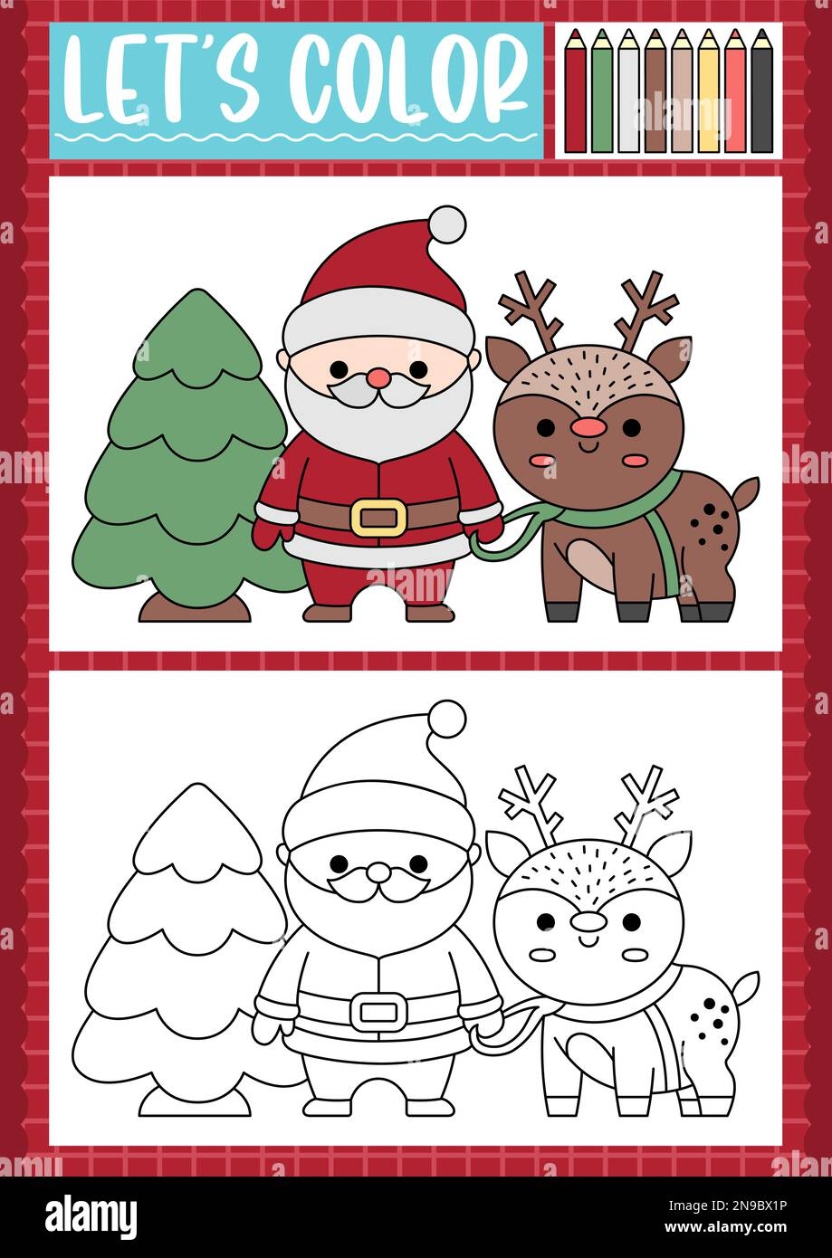 Christmas Coloring Page For Children With Cute Kawaii Tree Santa Claus Deer Vector Winter Holiday Outline Illustration Color Book For Kids With Ex Stock Vector Image U0026 Art Alamy