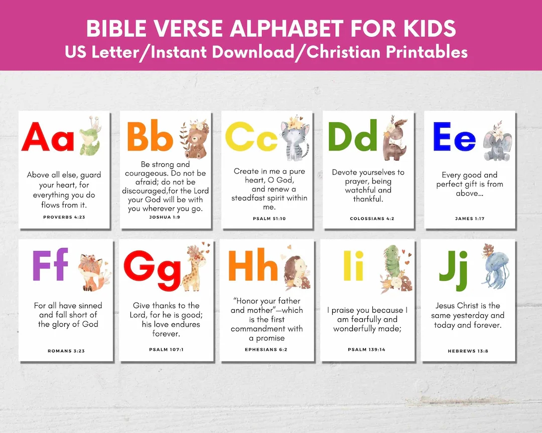 Kids Printable Alphabet Bible Verse Cards From A To Z ABC Scripture Cards For Toddler Preschool sunday School Memory Verse Cards abc Prints Etsy