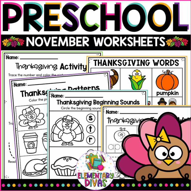 November Fall Preschool NO PREP Worksheet Packet Pre K 