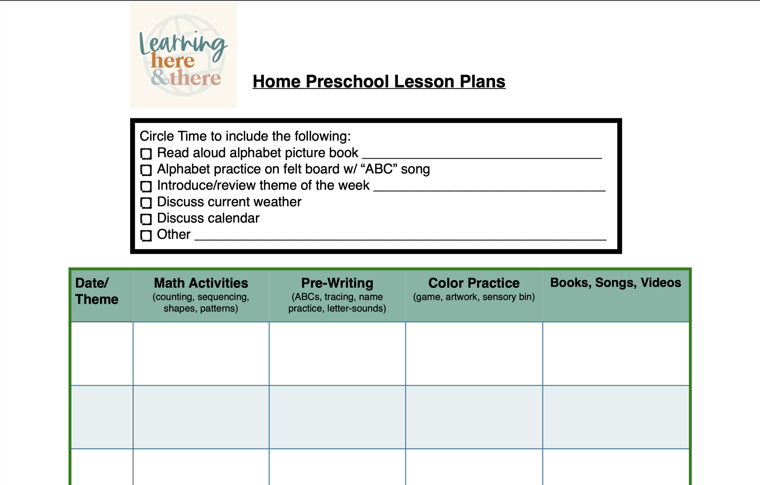 Printable Home Preschool Lesson Plans Learning Here And There